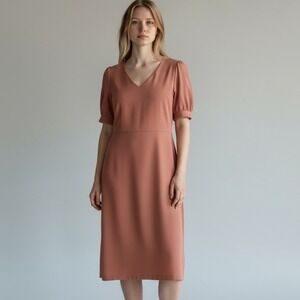 EXPRESS Coral Puff Sleeve V Neck Midi Dress XL Minimalist Career
